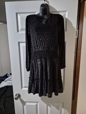 Michael Kors Black Long-Sleeve Tiered Animal-Print Dress